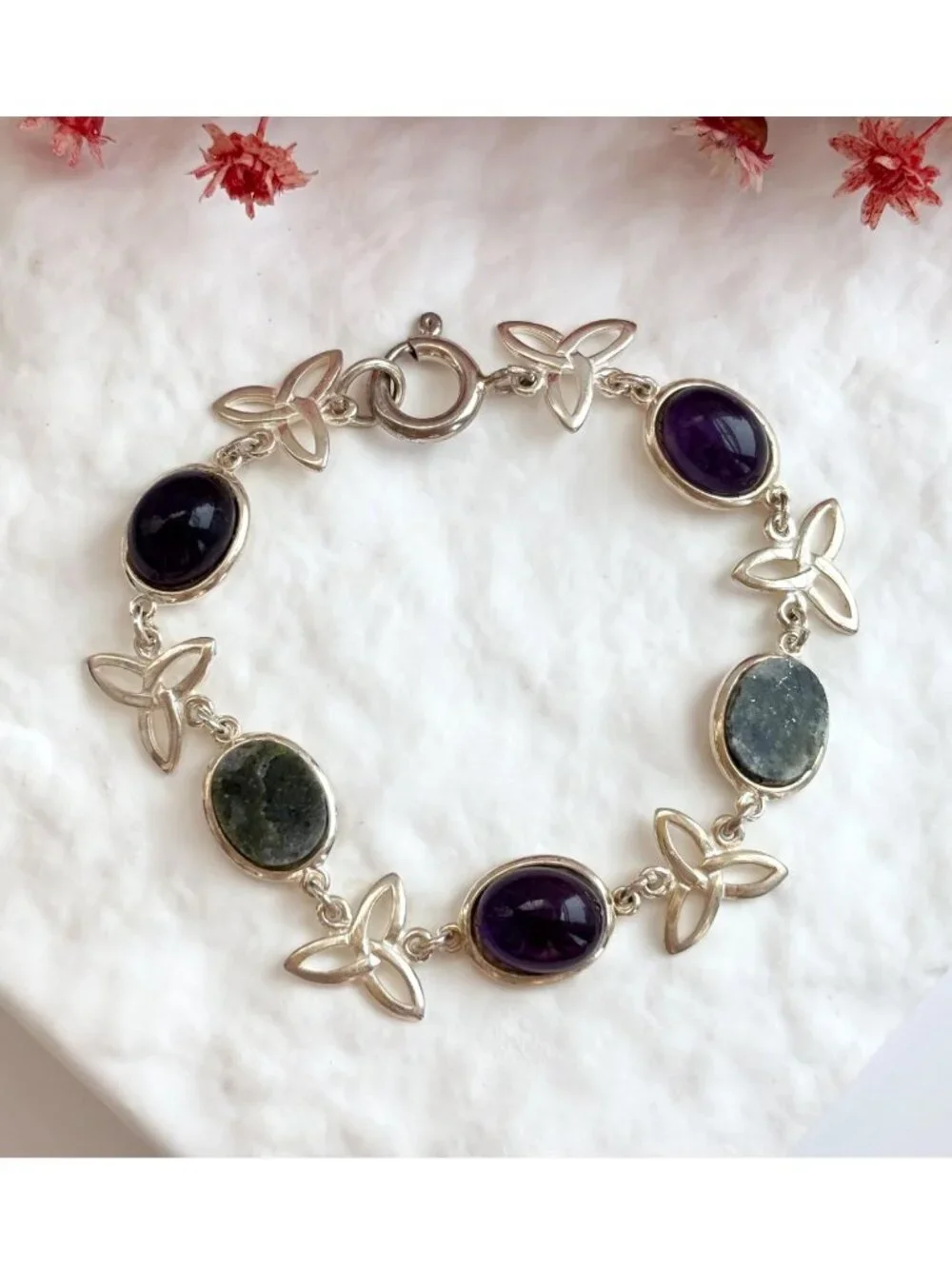 Butterfly Amethyst Cabochon & Moldavite Vintage Sterling Silver 925 Bracelet